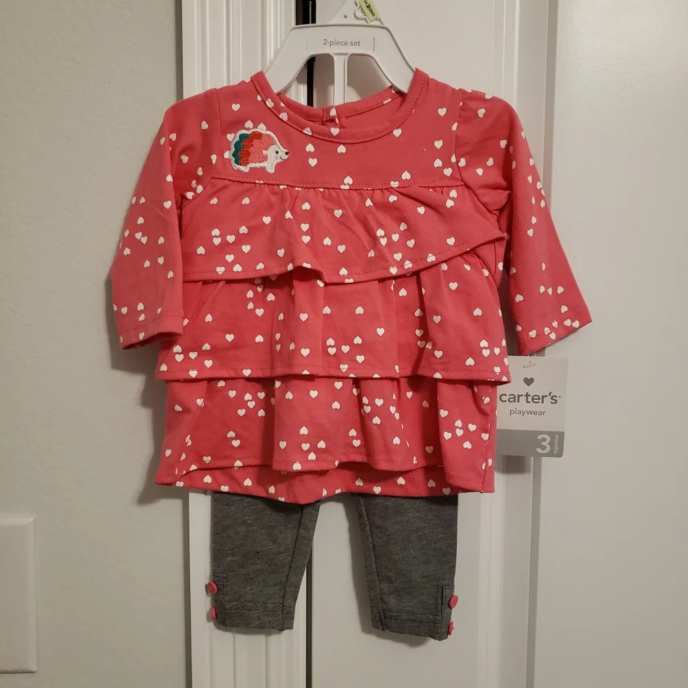 Carter's Pink Hedgehog and Hearts Ruffle Top and Leggings Pants set baby girl 3M